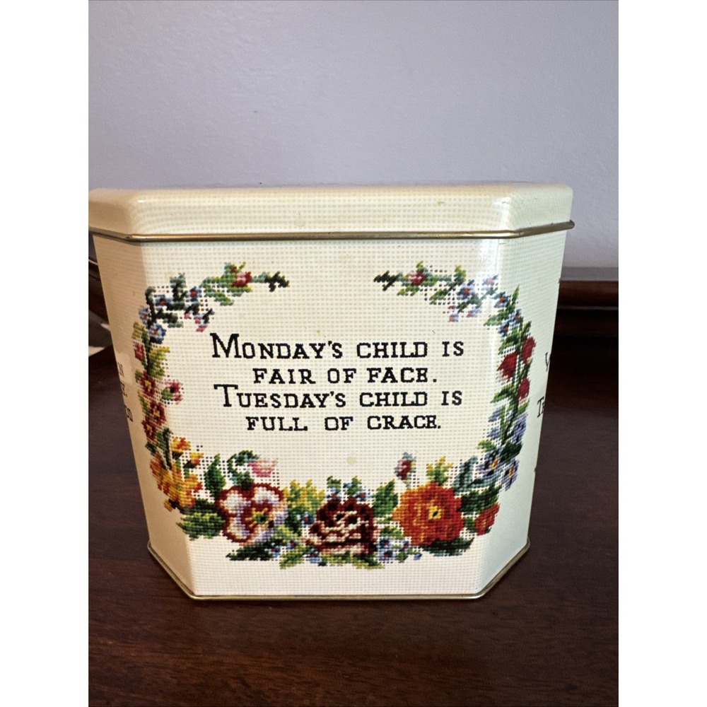 Vtg Carrs of Carlisle England Biscuit Tin Mondays Child Floral Tapestry 5x5x4"